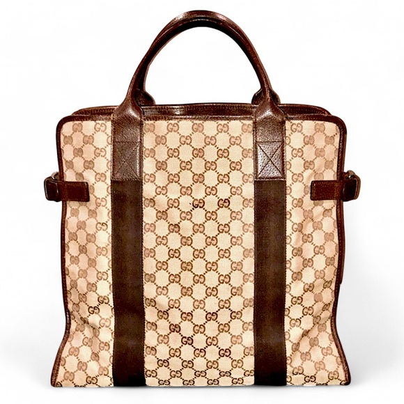 M GUCCI GG Monogram Brown Leather Rolled Top Handle Oversized Laptop Tote Bag - Picture 3 of 17